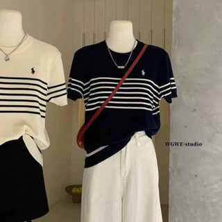 LEMONA x WGWE - Áo Len Dệt Mongtoghi Thêu Ngựa Ngắn Tay Sọc Ngang W3158#