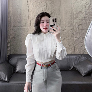 TIENSTYLE - Áo sơ mi Voan ren hoa tay bèo đính cúc Áo sơ mi đính đá tiểu thư 