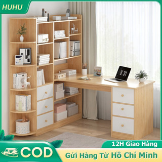 HUHU Bàn vi tính văn phòng kèm kệ sách gỗ có hộc+ hộc làm việc cao cấp hiện đại