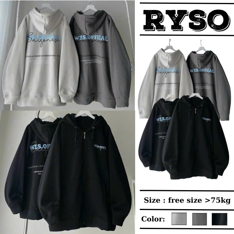 Áo Khoác Nỉ Bông In Chữ SÀI GÒN Khoá Kéo Zip In Dáng Form Rộng Nón 2 Lớp, Áo Hoodie Kéo Zip In Chữ Nón Rộng Unisex RYSO