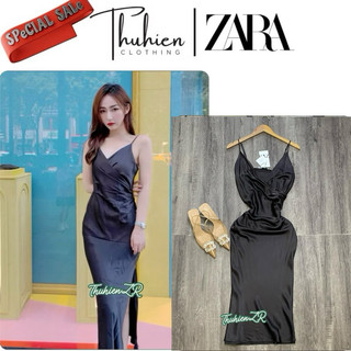 (Chính hãng size S)Váy midi ZARA 4437/243/716 lụa hai dây màu đen kiểu vạt ngực(kèm ảnh thật)