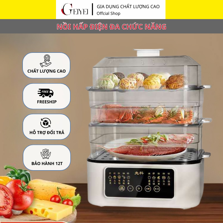 Nồi Hấp Điện Cao Cấp 32L Đa Chức Năng 3 Tầng Inox, Gia Dụng Tủ Hấp Công Suất Lớn BH 12 Tháng, Có Hẹn Giờ G16