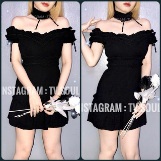[ẢNH THẬT] Đầm nơ bèo trễ vai kèm choker nơ - Màu : đen / đỏ