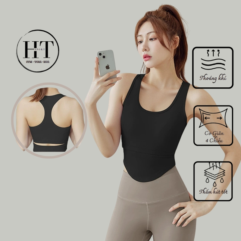 Áo tập Gym, yoga nữ HT Store 3 lỗ, áo croptop khoét eo và có đệm ngực chống sốc