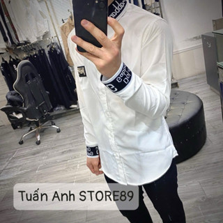 Áo sơ mi dài tay nam nữ DG trước ngực thêu logo sắt bo cổ và bo tay chun dệt chữ kí dolce quanh bo vải lụa thô dầy dặn