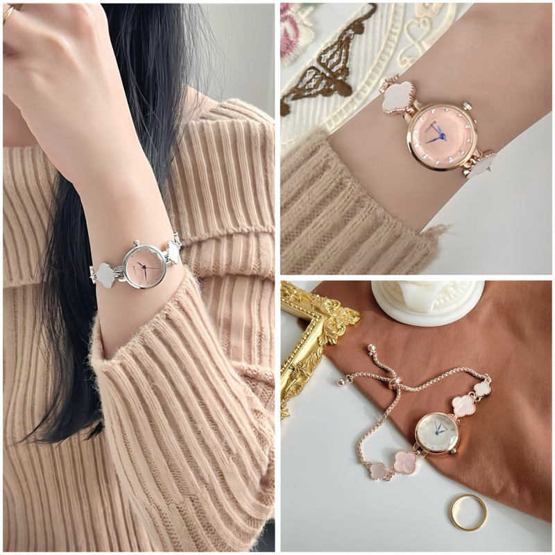 [🔥 Hàng Sẵn] Đồng hồ mặt ngoc dây rút bốn lá dành cho nữ, đồng hồ thời trang đeo tay nhỏ tinh tế ponnie