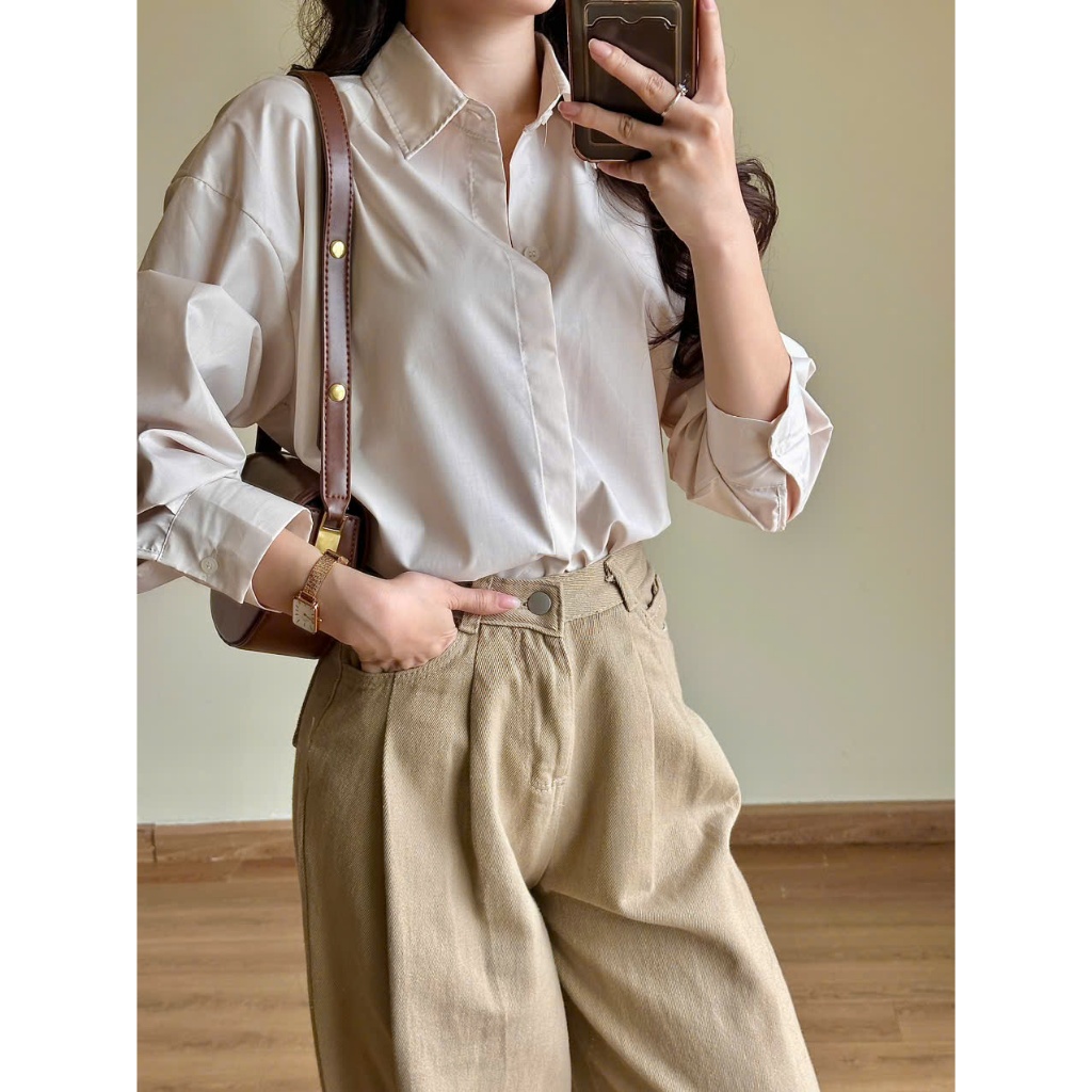 Áo Sơ Mi Thô Dài Tay, Áo Sơmi Trơn Giấu Cúc, Áo Sơ Mi Nữ Kiểu Form Dáng Rộng Miho House | BigBuy360 - bigbuy360.vn