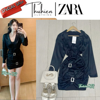 THUHIENZR(sẵn XS)Váy mini ZARA 3067/328/800 lụa đen cổ xẻ vạt nơ sáng thân váy(kèm ảnh thật)