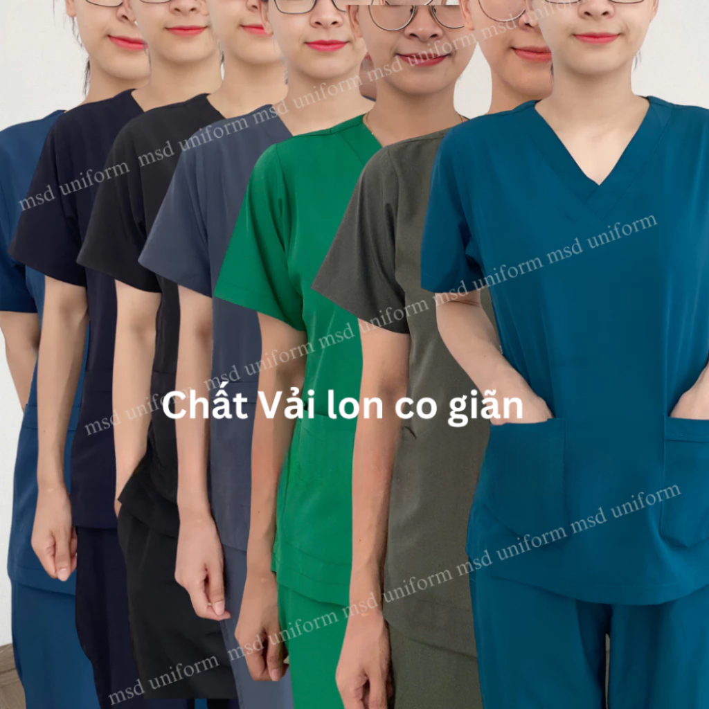 Bộ Scrubs bác sĩ cổ tim vải lon giãn cao cấp, đồng phục Spa, Phòng khám, quần áo điều dưỡng
