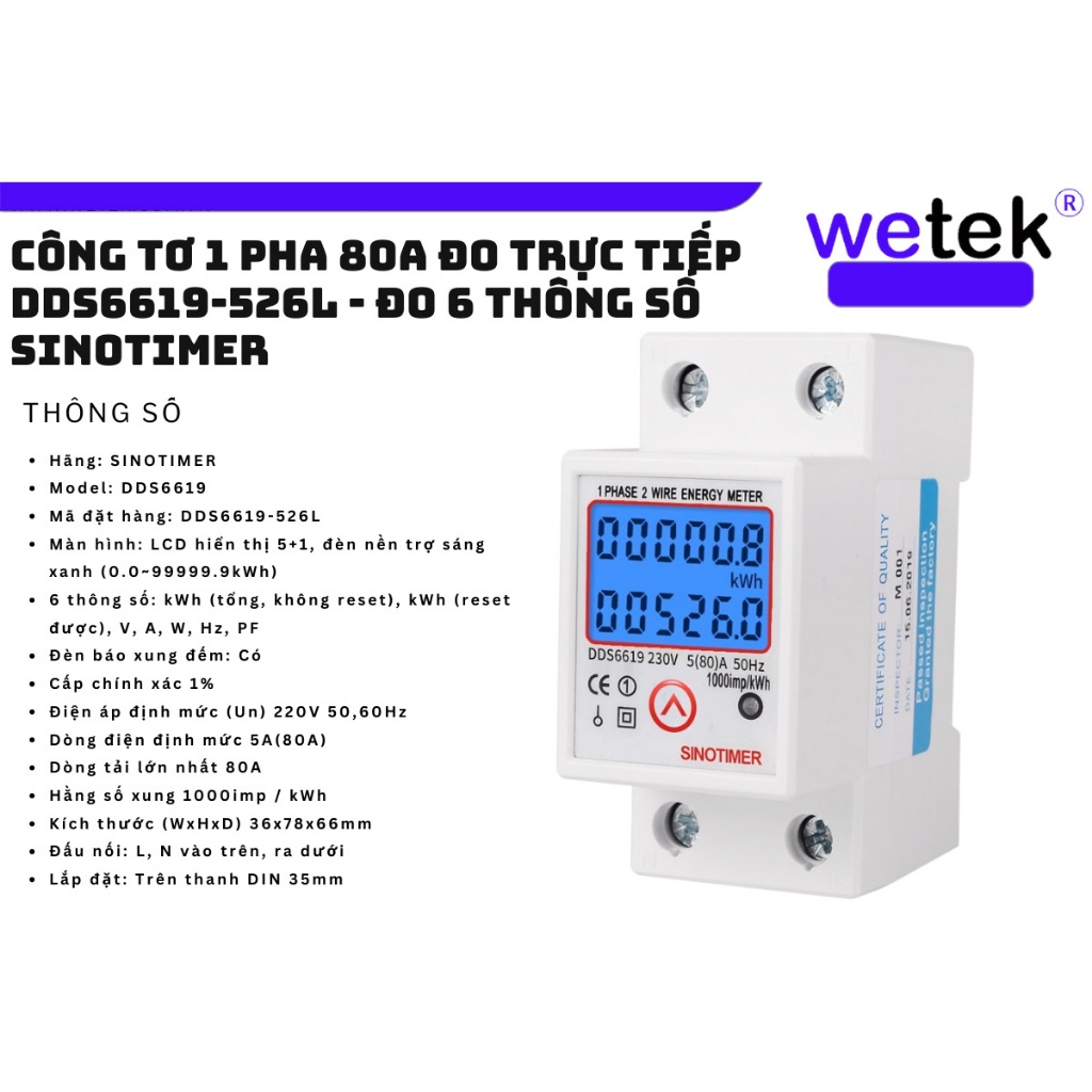 Sinotimer DDS6619-526L Công tơ 1 pha đa chức năng (đo được KWH KW V A H PF...) 120/230V 5(80)A, kiểu