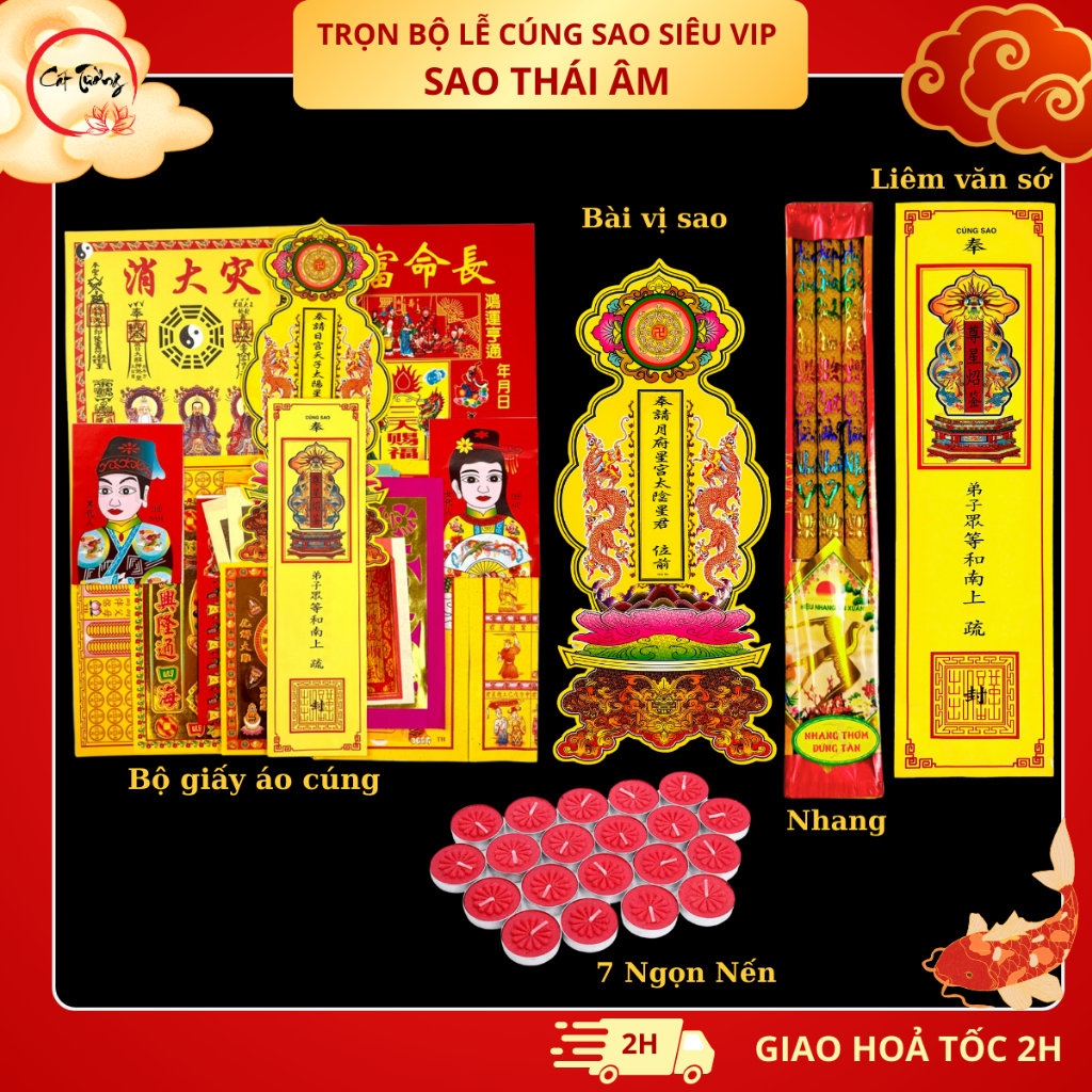 Trọn Bộ Cúng Sao Thái Âm (Loại Cao Cấp VIP) Đầy Đủ Giấy Áo, Văn Sớ, Bài Vị, Nến