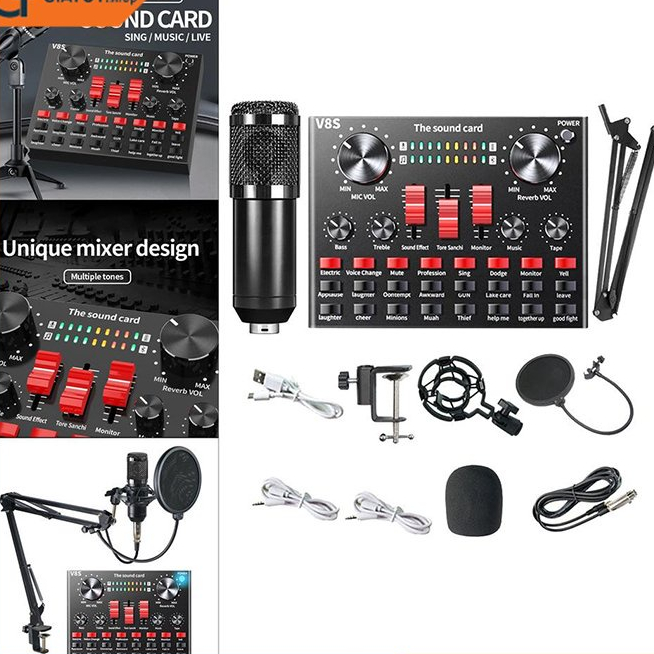 Trọn bộ sound card âm thanh V8S micro thu âm BM900 và màng lọc, kẹp thu âm