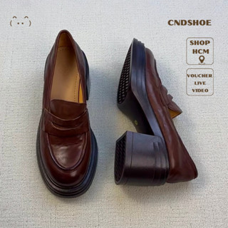 [Chuẩn Hàng QC] Giày Loafer Nữ Đế Cao Giày Da Nữ CNDSHOE Vintage Dáng Lười Tăng Chiều Cao 7CM Nâu Đen - HENY SHOES