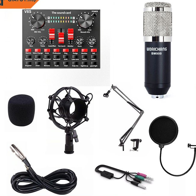 Trọn bộ sound card âm thanh V8S micro thu âm BM900 kẹp mic màng lọc dây livestream