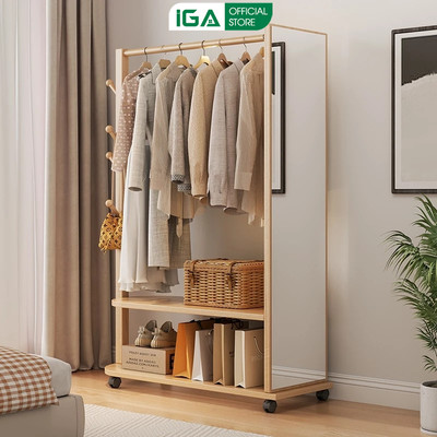 Giá kệ treo quần áo di động có bánh xe kết hợp gương soi toàn thân decor phòng IGA- GP371
