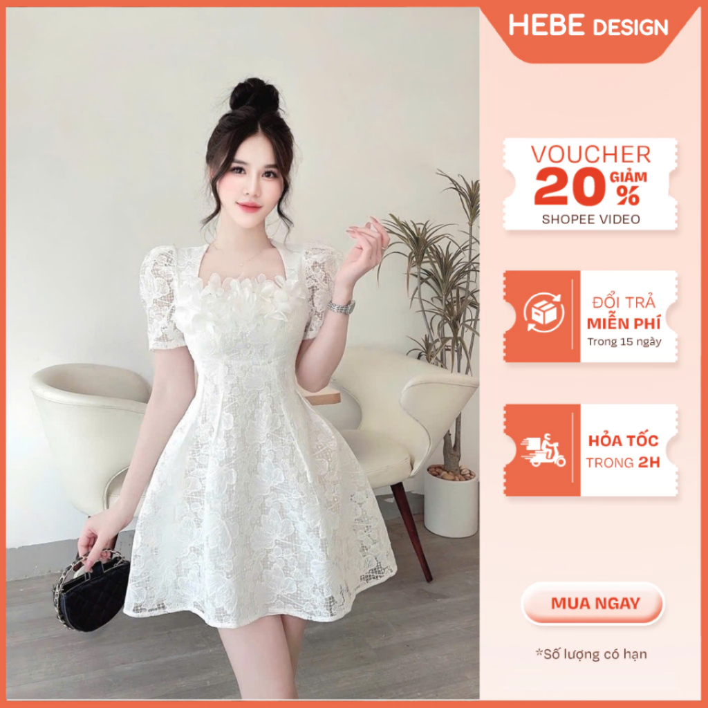 Đầm Ren Xòe Tiểu Thư Nori, Váy Thiết Kế Tay Phồng, Đính Hoa 3D Sang Trọng, Thanh Lịch Dự Tiệc HeBe B