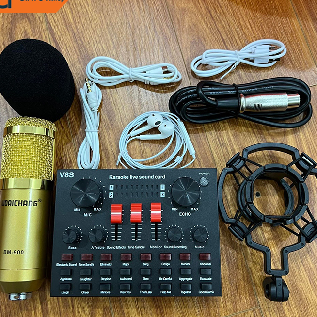 Combo micro thu âm BM900 tặng kèm tai nghe + sound card âm thanh V8S+
