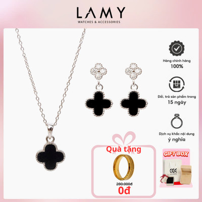 Bộ quà tặng trang sức LAMY Dây chuyền khuyên tai Black Onyx Flower Silver Necklace 6392, 3297