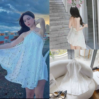 Đầm cổ yếm voan hoa nổi viền ren trắng hở lưng đi biển/du lịch NÀNG CLOSET