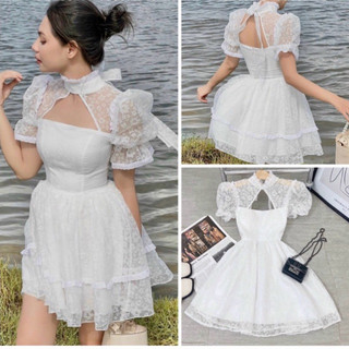 Đầm cutout ngực tay bồng voan hoa nổi màu trắng NÀNG CLOSET