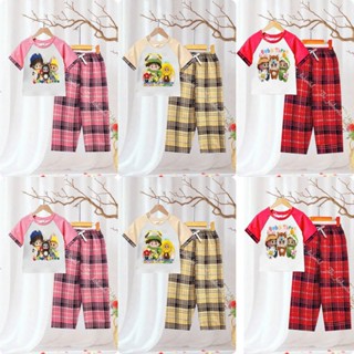 Combo 3 Bộ Áo Cộc Quần Kẻ Xuông Cho Bé Gái Size 10-55kg Hinh in Bayby Three and labubu Hot Hot Cotton.