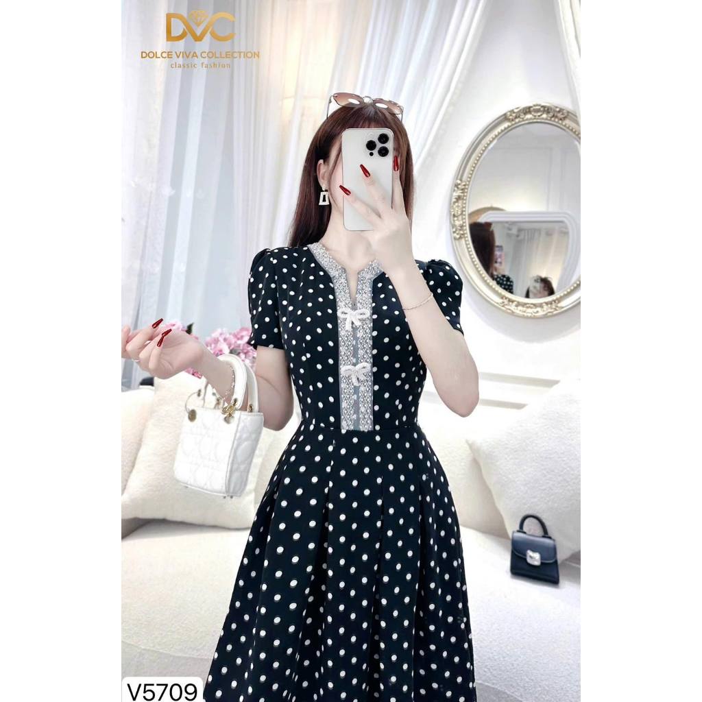 Đầm đen chấm bi xòe đính ngọc DVC V5709 LAMIE FASHION