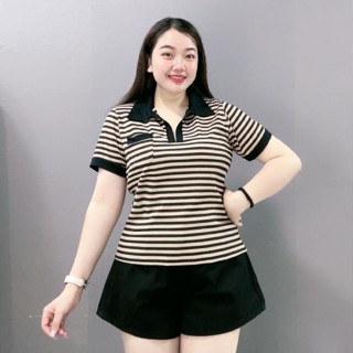  Áo thun polo bigsize nữ 50-95kg kẻ sọc cổ bẻ tay ngắn phối túi kiểu năng động vải thun gân co giãn - CB SOC 