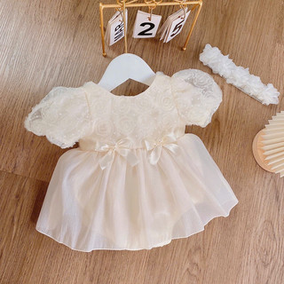   Kèm Turban  Body Chip Cho Bé Gái Đầy Tháng Thôi Nôi Sinh Nhật Từ Sơ Sinh 3-11kg Lưới Hoa Nổi Màu Kem Hai Lớp 