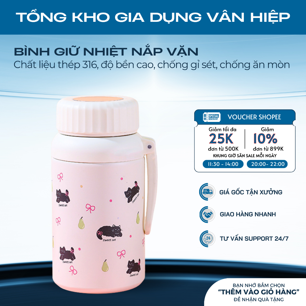 Bình giữ nhiệt nắp vặn, cốc giữ nhiệt có dây cầm tay thép 316 họa tiết mèo xinh dung tích 800ml