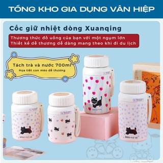  Bình giữ nhiệt nắp vặn cốc giữ nhiệt có dây cầm tay thép 316 họa tiết mèo xinh dung tích 800ml 
