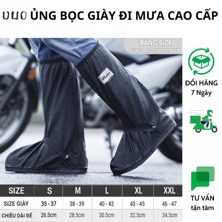 Ủng Đi Mưa, Bọc Giày Đi Mưa Cổ Cao Màu Đen,Đế Cao Su Chống Trơn Trượt Chất Liệu Nhựa PVC