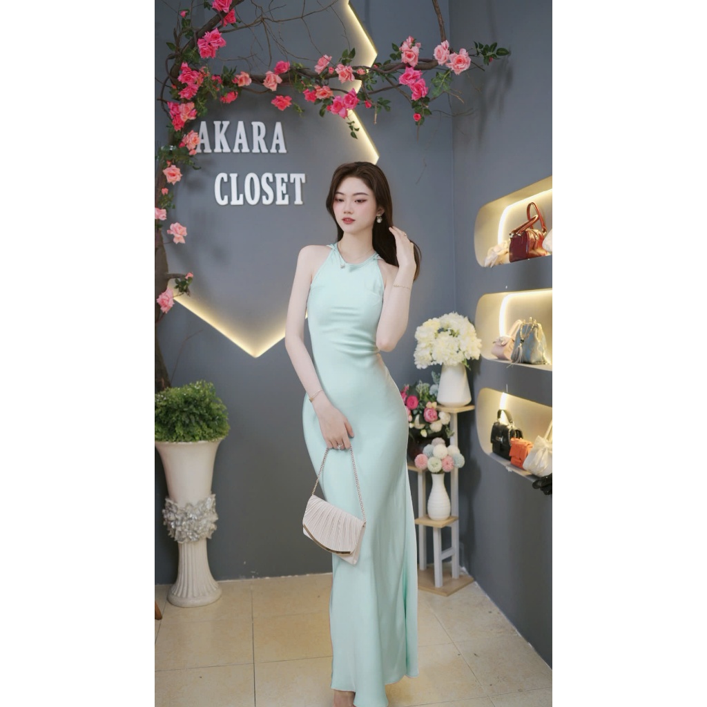 A74 Đầm lụa TÔ CHÂU dáng dài thiết kế cổ yếm sang trọng toát vẻ nhẹ nhàng Vân Akara