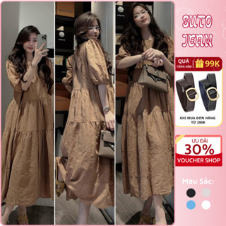 Đầm nữ maxi dáng dài tay lỡ phồng màu nâu tây họa tiết thêu hoa sang trọng,váy nữ suông phong cách hàn quốc HCOM25488