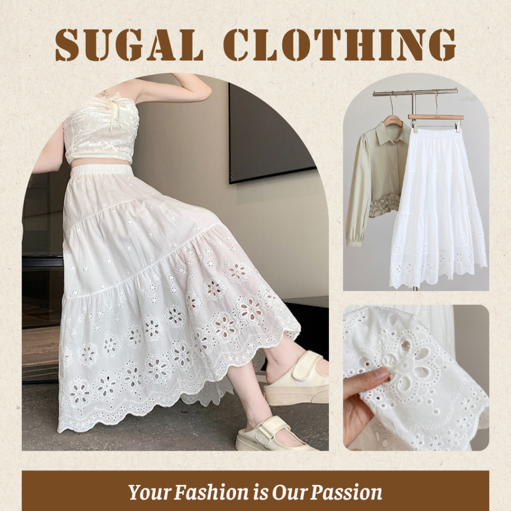 SUGAL - [HÀNG LOẠI 1] Chân Váy Midi Dáng Dài Hai Lớp Cạp Chun Chất Vải Thô Boi Thêu Hoa | CV NU 075V2