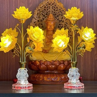  1 CẶP  Đèn Thờ Hoa Sen 5 Bông Lưu Ly Thân Pha Lê Bóng Led Tiết Kiệm Điện Để Bàn Thờ Gia Tiên Thần Tài Bàn Thờ Phật 