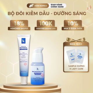 Bộ đôi kiềm dầu, dưỡng trắng, thu nhỏ lỗ chân lông: Ampoule Niacinamide 20% 30ml + Kem Retinol Bakuchiol 2% PDRN K LADY