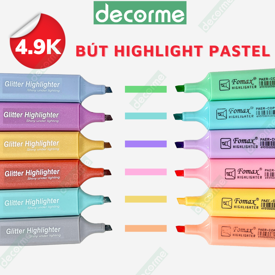 Bút highlight Fomax Decorme bút đánh dấu highlight dạ quang nhiều màu bút nhũ nhớ dòng pastel tiện d