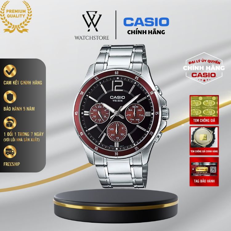 Đồng Hồ Nam MTP-1374D-5AVDF Màu Đỏ Kình khoáng 43.5mm Chống Nước Dây Kim Không Gỉ Loại Chính Hãng - 