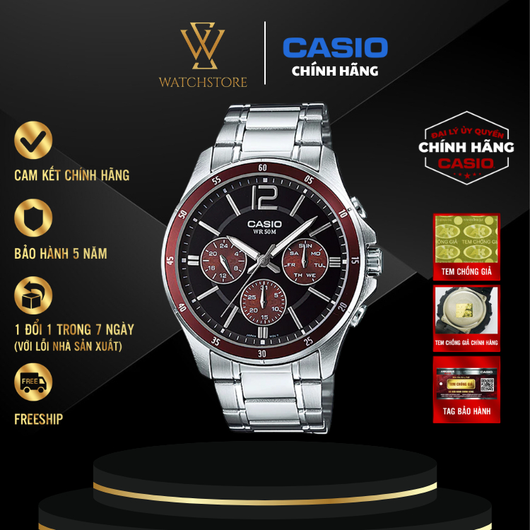 Đồng Hồ Nam MTP-1374D-5AVDF Màu Đỏ Kình khoáng 43.5mm Chống Nước Dây Kim Không Gỉ Loại Chính Hãng - 