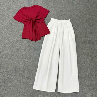  Set Đồ Bộ Bigsize Nữ Áo Thun Tăm Tay Ngắn Thiết Kế Nơ Trước Phối Quần Suông Vải Lụa Cá Tính SET968 