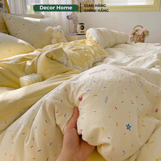 Bộ Vỏ Chăn Ga Gối Cotton Đũi Sợi Tre 4 Món Mềm Mịn, Họa Tiết 3D Dễ Thương ( Không Kèm Ruột )