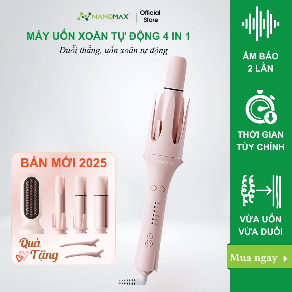 Máy Uốn Tóc Xoăn Tự Động Nanomax XN-399, 3 Trục Kích Cỡ 28mm, 32mm, 40mm, Lược Ion Âm Chải Thẳng Tóc