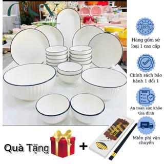 Bộ bát đĩa,Set Bát Đĩa sứ trắng viền đen tráng men cao cấp