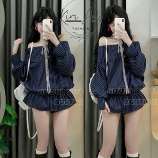 Áo Thun Trễ Vai Kẻ Xanh Mix Cổ Nơ Tay Phồng Kèm Quần Short Rời  Chất Vải Lụa Kẻ QC Mềm Mát Siêu Xinh