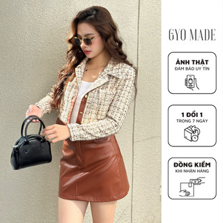 Áo khoác Tweed phối da cao cấp GYOMADE® 2 lớp, có mút đệm vai màu kem sọc nâu | GA065