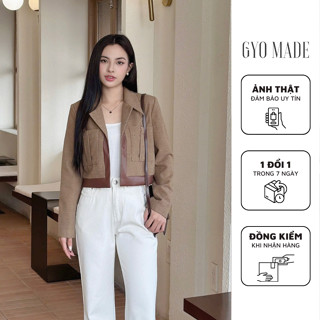 Áo khoác dạ nâu GYOMADE® chất liệu dạ cao cấp, 2 lớp, có mút đệm vai, form vuông vức chi tiết áo có phối da |GA068BR