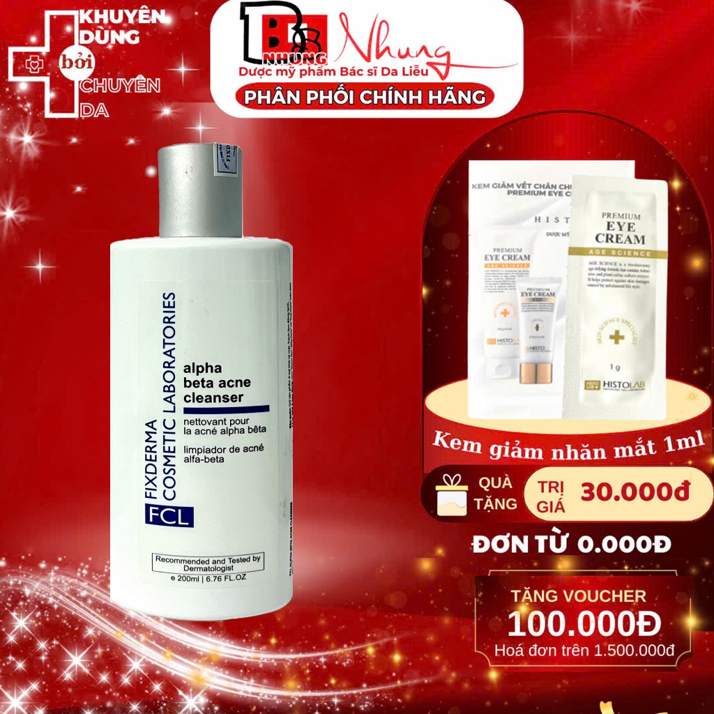 Sữa Rửa Mặt Giảm Mụn Phục Hồi Da Fixderma FCL Alpha-Beta Acne Cleanser 200ml