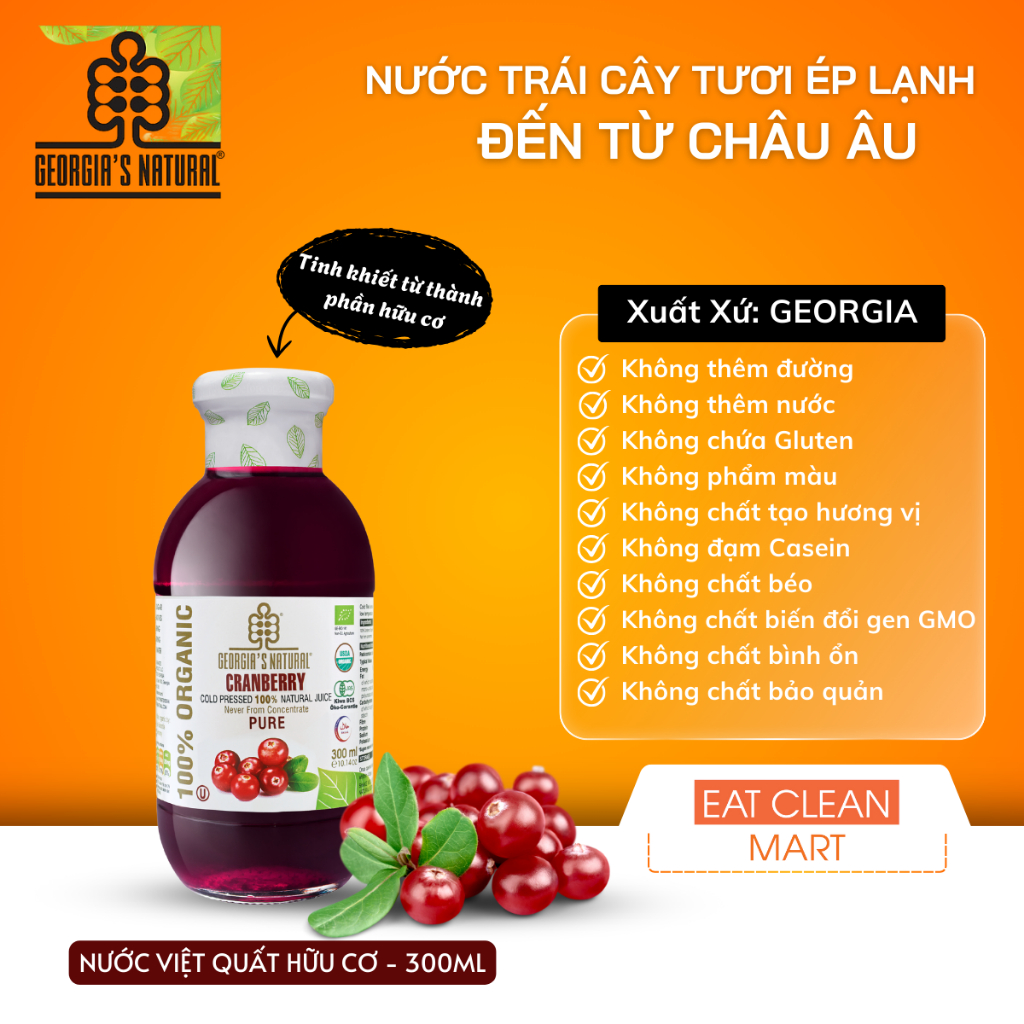 Nước Ép Trái Cây Ép Lạnh 100% Hữu Cơ Nam Việt Quất Georgia's Natural - ORGANIC Pure Cranberry Juice 