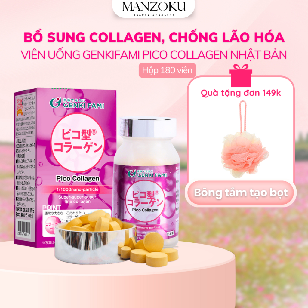 Viên uống Pico Collagen Genki Fami hỗ trợ ngăn ngừa lão hoá, đẹp da, hãng - Manzoku
