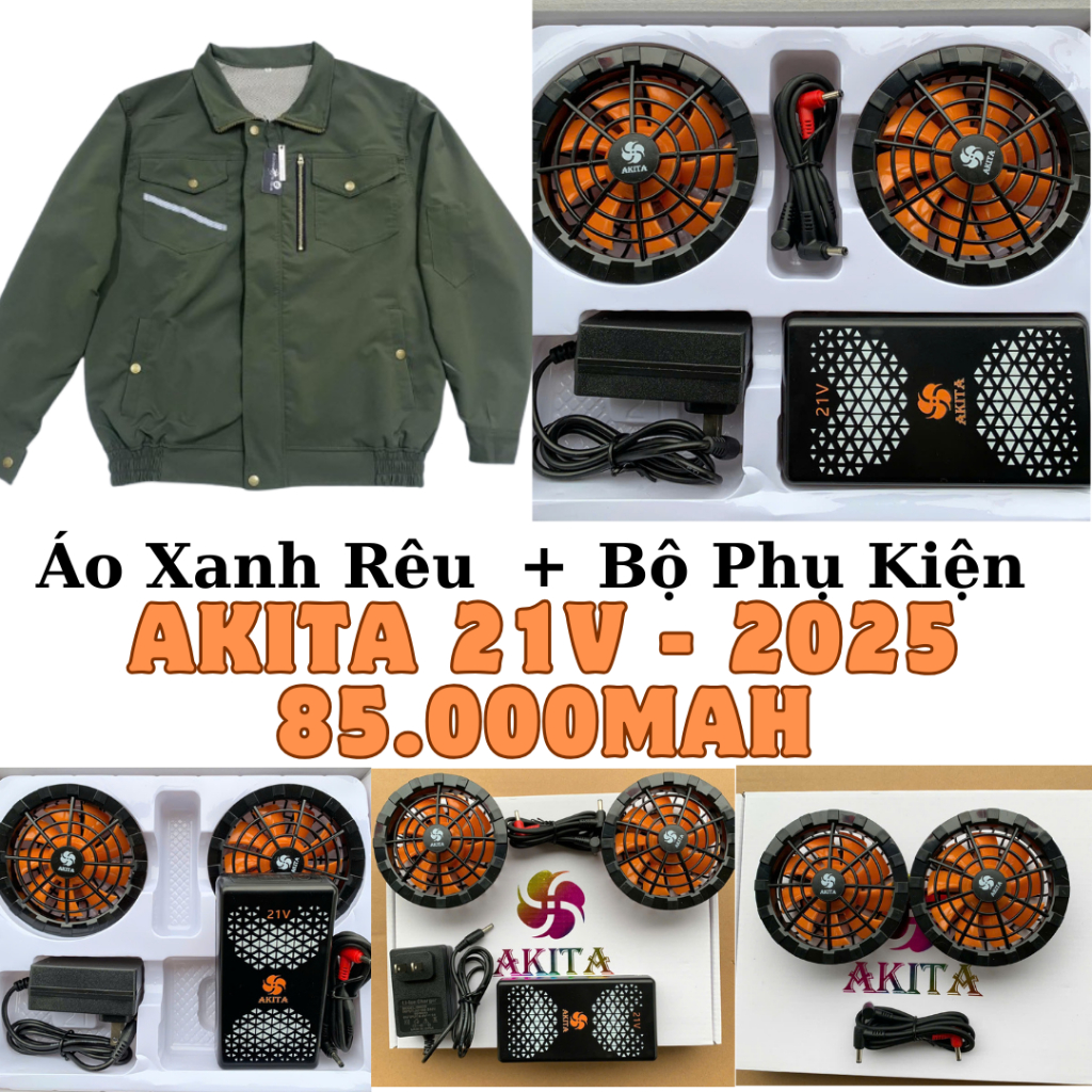 Áo Điều Hòa 21V- AKITA F21 - 4 cấp gió - Pin khủng 85000mah 21V + sạc + quạt 9 cánh️ 21V (12-16 tiến